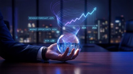 A businessman holding a glowing orb with a cityscape in the background and financial projections floating above