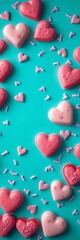 Fototapeta premium Heart-shaped treats in pink and purple hues scattered on a teal backdrop, festive, celebration