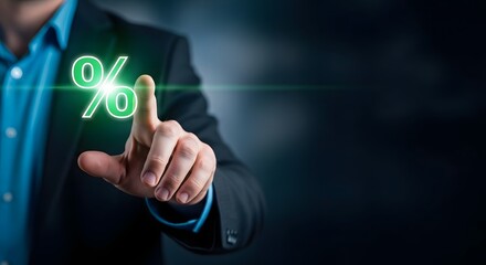 Businessman interacting with a glowing percentage sign in a digital interface