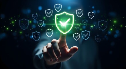 A hand interacting with a glowing shield icon surrounded by smaller shield icons symbolizing cybersecurity and protection in a digital environment