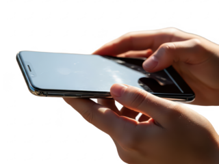 Hands holding a smartphone with a blank screen isolated on white isolated on transparent background