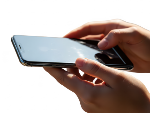 Hands holding a smartphone with a blank screen isolated on white isolated on transparent background - Powered by Adobe