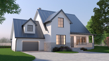 White modern American house exterior, 3d illustration