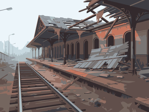 A desolate, abandoned train station ruin dominates the scene. Rustic textures and muted colors evoke a sense of forgotten history. Dramatic composition and detailed illustration.