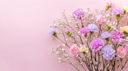 gypsophila. Delicate spring floral arrangement with gypsophila and carnations in pastel tones on a soft pink background. gardening catalogs.
