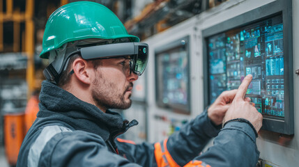 Innovative worker using augmented reality glasses in factory technology industrial environment close-up view modern manufacturing
