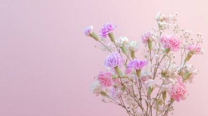 Obraz premium gypsophila. Delicate spring floral arrangement with gypsophila and carnations in pastel tones on a soft pink background. gardening catalogs. 