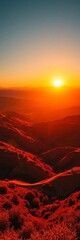 Obraz premium Sun-drenched valley ablaze with gold and crimson hues, stretching to infinity, wide angle, breathtaking