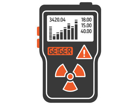 A stylized Geiger counter illustration. Bold design with radiation symbol and digital display. Perfect for tech, science, or warning graphics.