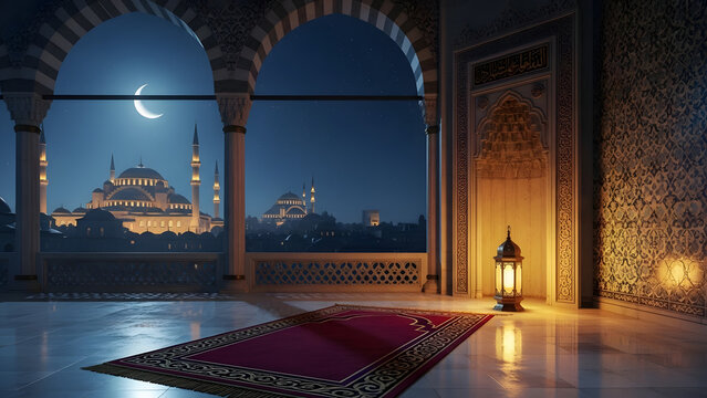 Red prayer rug and lantern on a marble floor inside a mosque with an arched window view of the moon