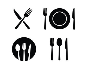 Fork, knife, and plate icons set. Place setting cutlery knife, spoon and plate set icons. Vector illustration