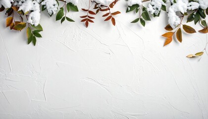 白い壁に這うツタの葉、雪・背景素材