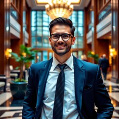 Fototapeta premium Formal traveler arrives at upscale hotel lobby, ready for business , business travel, luxury