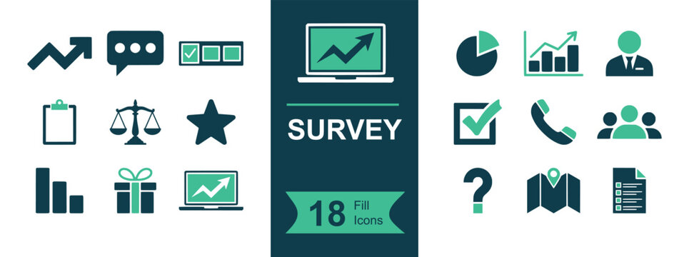Survey icon set. Containing questionnaire, checklist, feedback, poll, analytics, report, rating, interview, phone call, respondents, results chart, map pin and more. Solid vector icons collection