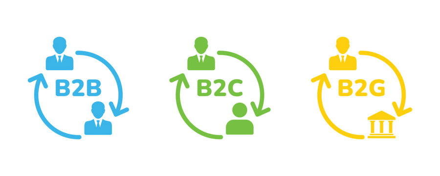 B2B, B2C, B2G Business icons. Business to business. Business to consumer. Business to government. Marketing strategies.