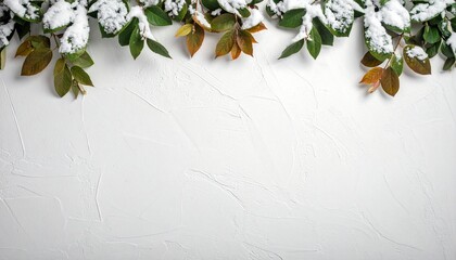 白い壁に這うツタの葉、雪・背景素材