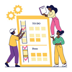 Flat vector illustration of a team collaborating around a Kanban board 