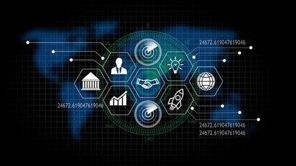 Global finance analytics dashboard with bank icon businessman chart and radar displays video - Powered by Adobe