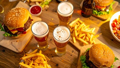 美味しそうなハンバーガーとビール・ポテト、パーティー