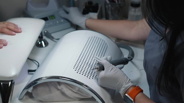 Turning on electric manicure drill and preparing for hardware cuticle treatment with nail drill bit
