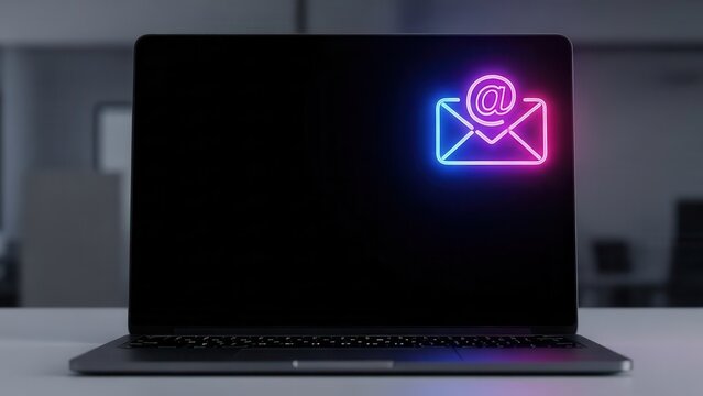 Vibrant glowing neon email icon illuminating a dark laptop screen symbolizing modern digital