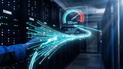 A futuristic data center with a glowing blue light and a speedometer