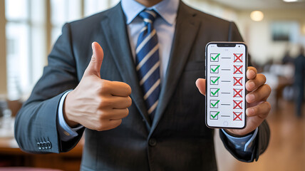 Businessman holding smartphone checklist with thumbs-up symbolizing productivity, task management, and approval