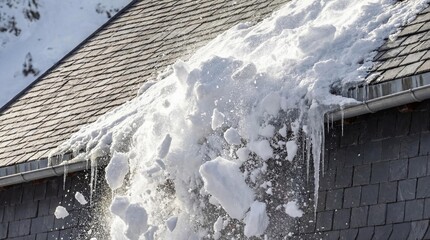 Snow sliding from rooftop in frozen motion effect close up view