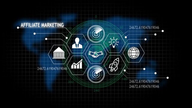 Affiliate marketing network global business strategy digital interface with financial data and analytics
