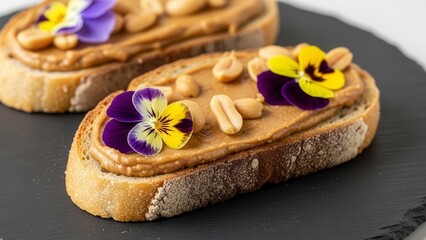 Gourmet Toast with Peanut Butter and Flowers.