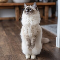 Adorable Ragdoll Cat Sitting Upright on Wooden Floor - Blue Eyes, Fluffy Fur