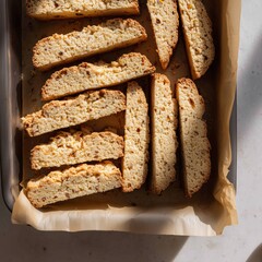 Freshly Baked Biscotti on Parchment Paper in Baking Tray