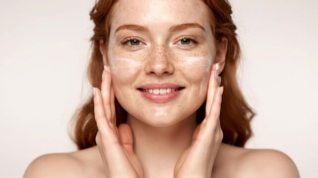 Young woman with freckles applying facial cream with gentle hands