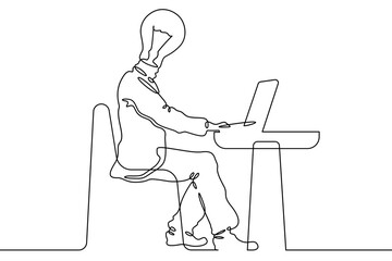 Continuous single line drawing  Man at a laptop. Head light bulb symbol of idea. Online work. Linear.One continuous line isolated minimalist illustration. Not AI.