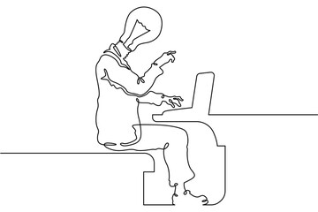 Continuous single line drawing  Man at a laptop. Head light bulb symbol of idea. Online work. Linear.One continuous line isolated minimalist illustration. Not AI.