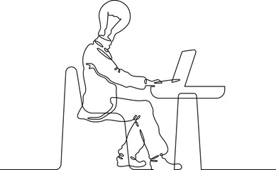 Continuous single line drawing  Man at a laptop. Head light bulb symbol of idea. Online work. Linear.One continuous line isolated minimalist illustration. Not AI.
