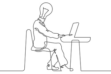 Continuous single line drawing  Man at a laptop. Head light bulb symbol of idea. Online work. Linear.One continuous line isolated minimalist illustration. Not AI.