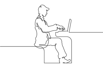 Continuous single line drawing A young man at a laptop. A programmer works online at a laptop.  Linear.One continuous line isolated minimalist illustration. Not AI.