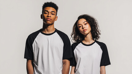 Fototapeta premium A male & female model wearing a blank white baseball t-shirt w/ black sleeves pose for a photoshoot together, shot against a white background
