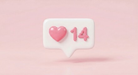 3D rendered social media like notification icon with a pink heart and number 14 on a soft pink background.