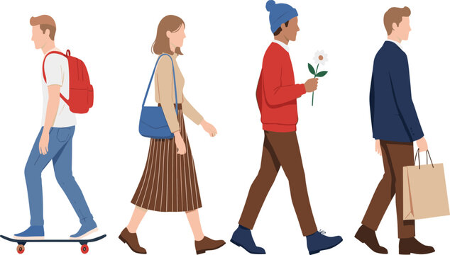 People Walking Side View Illustration Set Showing Casual Urban Lifestyle Characters for City Life, Daily Routine, Travel, and Modern Vector Design Projects