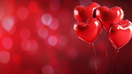 Obraz premium Bright red heart balloons float against a blurred red background creating a festive atmosphere for celebrating love on Valentine's Day