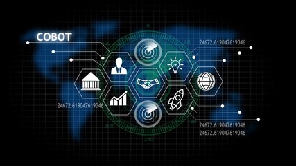 Futuristic digital interface with global network and financial icons representing business and technology - Powered by Adobe