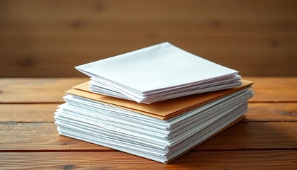 Naklejka premium Stack of crisp white papers and brown envelopes on wooden table, surface, message