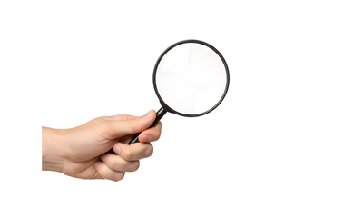 A hand holding a magnifying glass on a white background