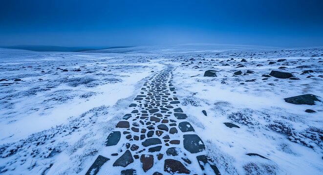 A winding cobblestone path leads through a desolate snowy tundra under a moody blue twilight sky in winter.
