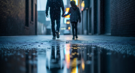 A shadowed pair, hand-in-hand, walks a rain-slicked alley. Vibrant neon lights reflect in the puddles, adding colour. Soft focus on the people