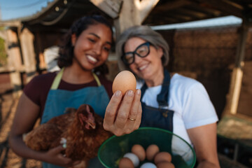 Farmers showing fresh egg in chicken coop