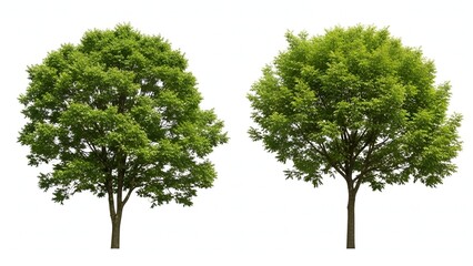 Obraz premium Two lush green trees with full foliage stand isolated against a white background