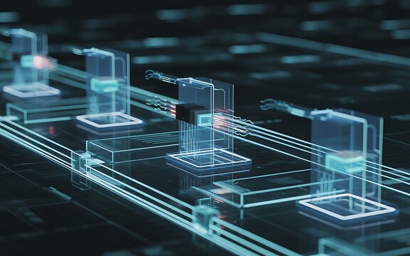 Futuristic manufacturing line with robotic arms and glowing circuits - Powered by Adobe